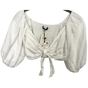 Zara White 100% Linen Puff Sleeve Tie Front Crop Top Romantic Boho Sz XS